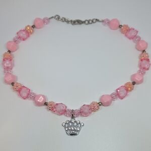 Pink Beaded Princess Necklace with Crown Pendant